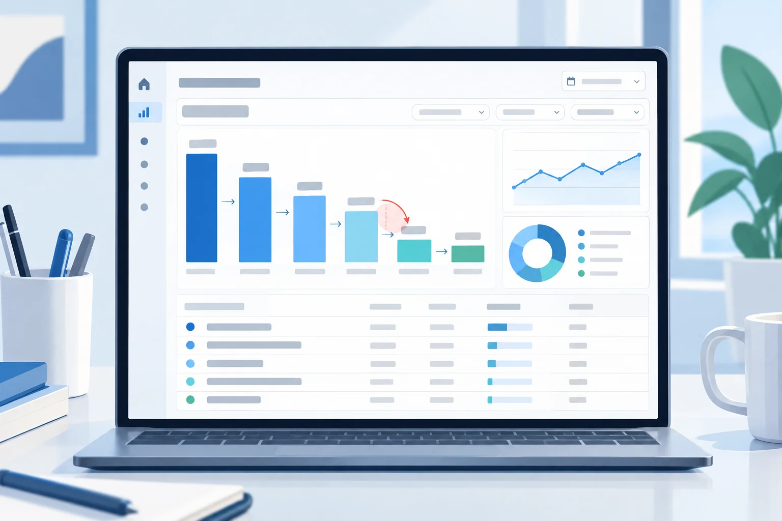 Grafika redakcyjna stylizowana na realistyczny zrzut ekranu z Google Analytics 4, nie oficjalny screenshot ani kopia…